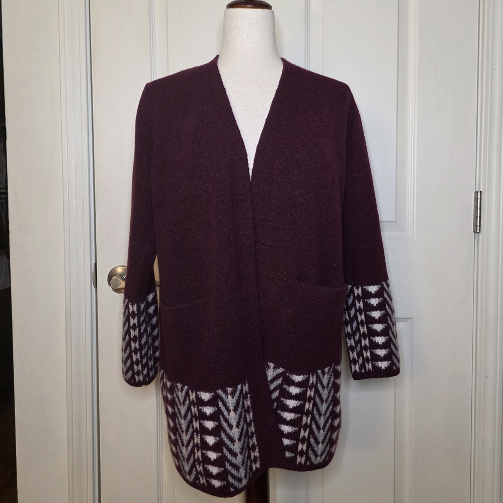 Frye Burgundy Aztec Knit Open Sweater Cardigan
